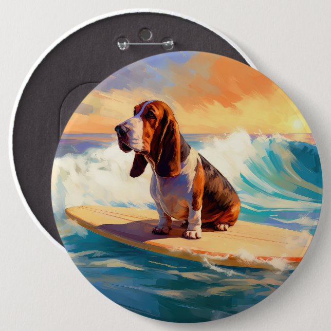 Basset Hound Beach Surfing Painting 6 Inch Round Button (Front & Back)