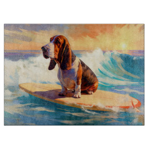 Basset Hound Beach Surfing Painting Cutting Board