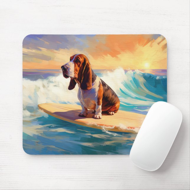 Basset Hound Beach Surfing Painting Mouse Pad (With Mouse)
