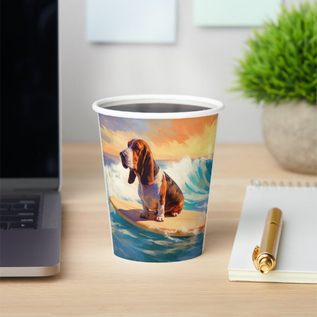 Basset Hound Beach Surfing Painting Paper Cups (Insitu)