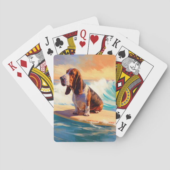 Basset Hound Beach Surfing Painting Playing Cards (Back)