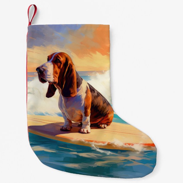 Basset Hound Beach Surfing Painting Small Christmas Stocking (Front)