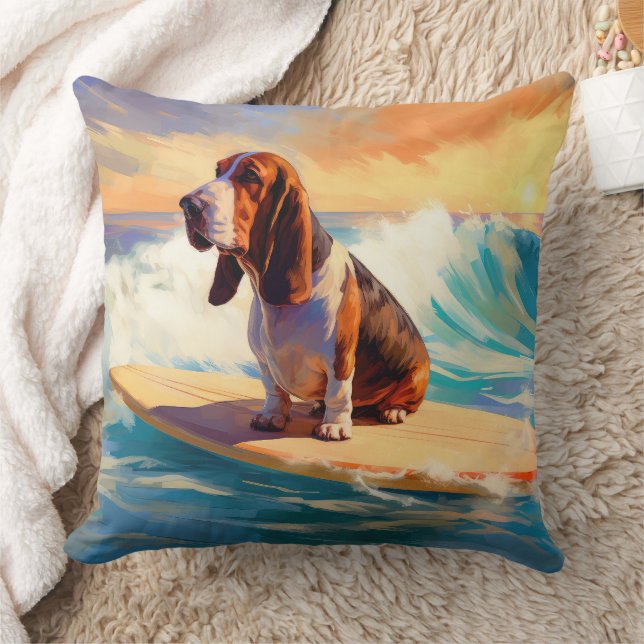 Basset Hound Beach Surfing Painting Throw Pillow (Blanket)