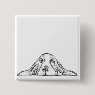 basset hound black white simple puppy dog eyes 2 inch square button