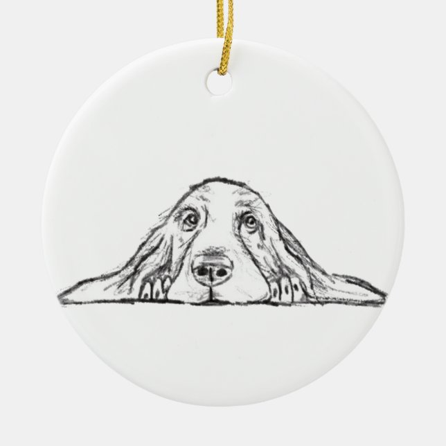 basset hound black white simple puppy dog eyes  ceramic ornament (Front)