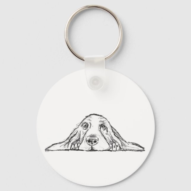 basset hound black white simple puppy dog eyes  keychain (Front)
