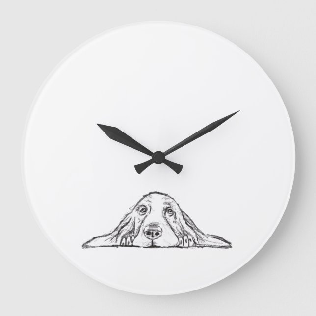 basset hound black white simple puppy dog eyes  large clock (Front)