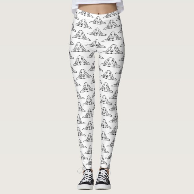 basset hound black white simple puppy dog eyes  leggings (Front)