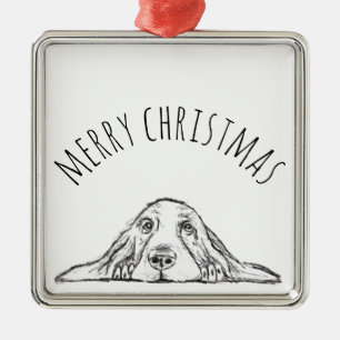 basset hound black white simple puppy dog eyes  metal ornament