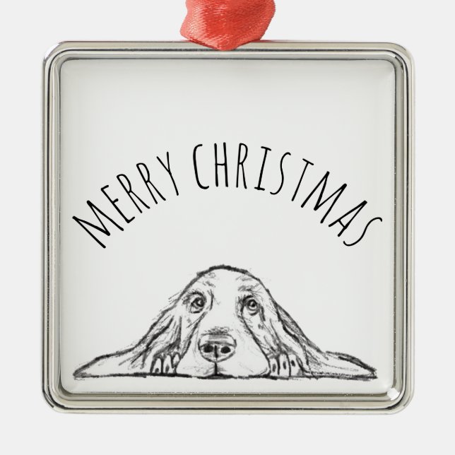 basset hound black white simple puppy dog eyes  metal ornament (Front)