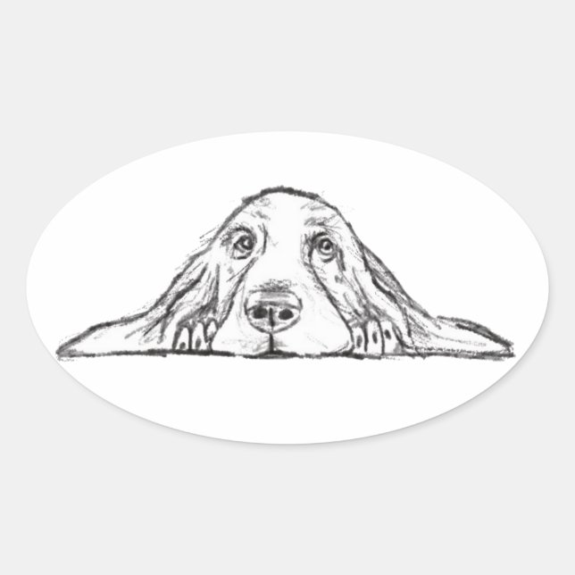 basset hound black white simple puppy dog eyes   oval sticker (Front)