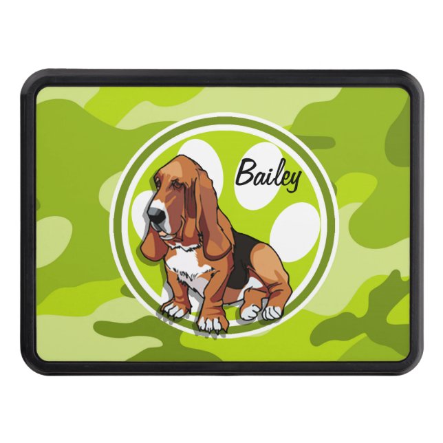 Basset Hound; bright green camo, camouflage Trailer Hitch Cover (Front)