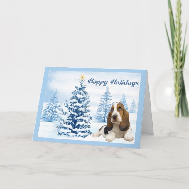 Basset Hound Carte de Noël Arbre bleu (Devant)