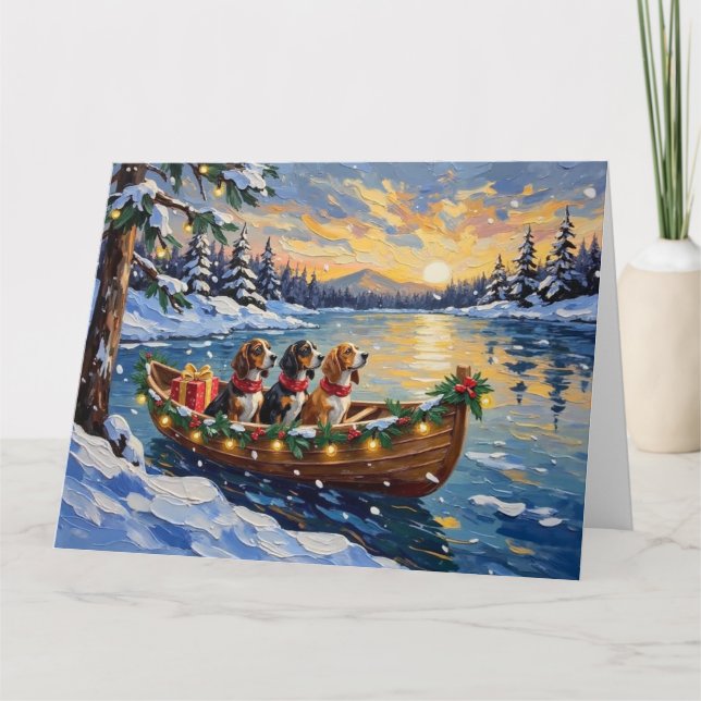 Basset Hound Christmas Boat Holiday Card (Front)