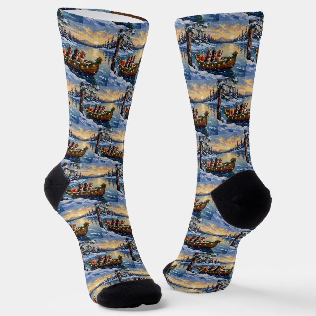 Basset Hound Christmas Boat Holiday Socks (Angled)