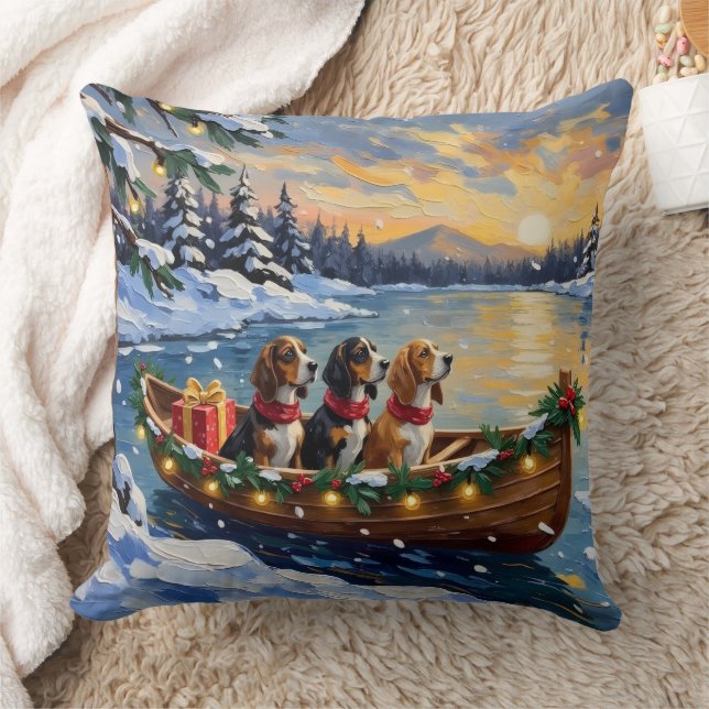 Basset Hound Christmas Boat Holiday Throw Pillow (Blanket)