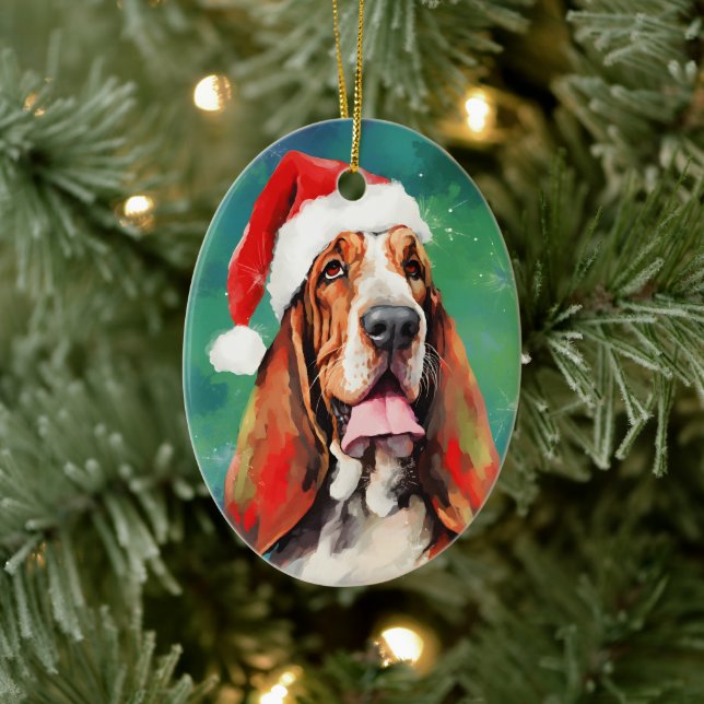 Basset Hound Christmas brush painting artwork Ceramic Ornament (Tree)