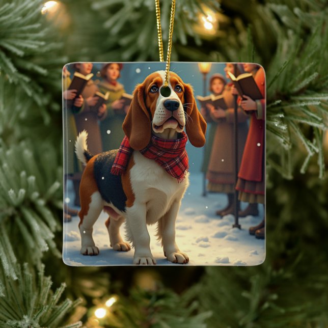 Basset Hound Christmas Carol Singers Painting Ceramic Ornament (Tree)