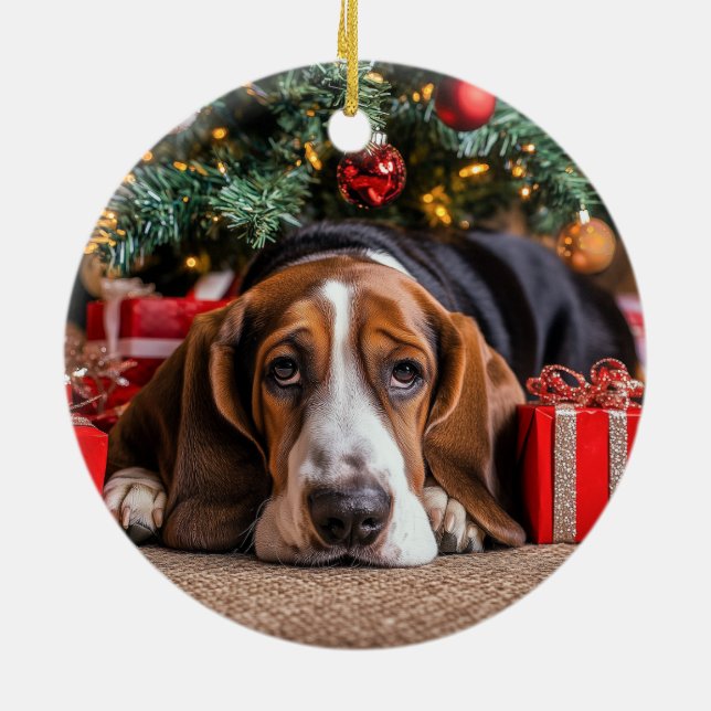Basset Hound Christmas Ceramic Ornament (Back)