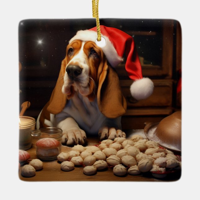 Basset Hound Christmas Cookies Festive Holiday Ceramic Ornament (Front)