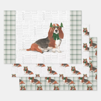 Basset Hound Christmas Dog and Green Holiday Plaid Wrapping Paper Sheet