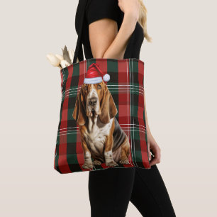 Basset Hound Christmas Dog Red Seasonal Plaid Tote Bag