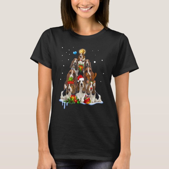Basset Hound Christmas Dog Tree Lights Pyjamas Fam T-Shirt (Front)