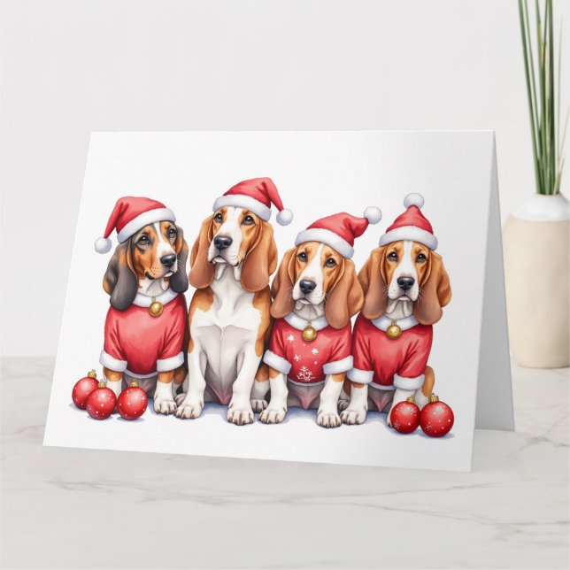 Basset Hound Christmas Dress Santa Hat Card (Front)
