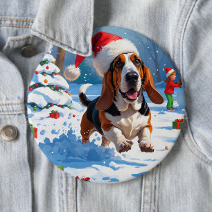 Basset Hound Christmas Festive Snow Scene 6 Inch Round Button