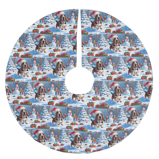 Basset Hound Christmas Festive Snow Scene Brushed Polyester Tree Skirt (Front)