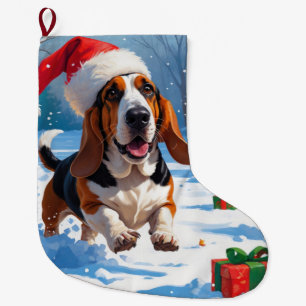 Basset Hound Christmas Festive Snow Scene Large Christmas Stocking