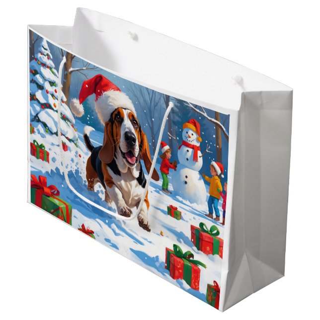 Basset Hound Christmas Festive Snow Scene Large Gift Bag (Front Angled)