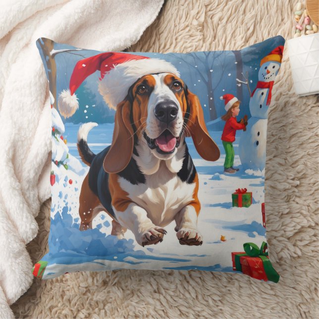 Basset Hound Christmas Festive Snow Scene Throw Pillow (Blanket)