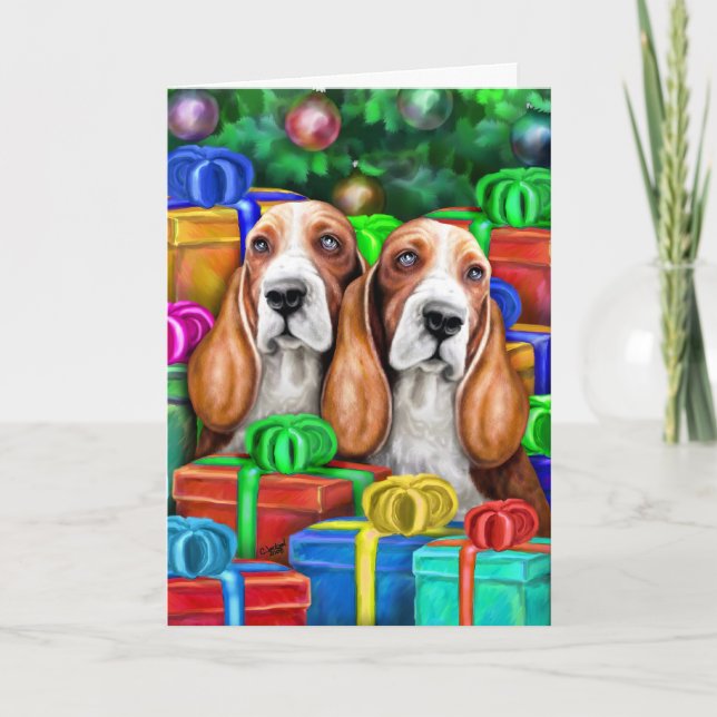 Basset Hound Christmas Open Gifts Holiday Card (Front)