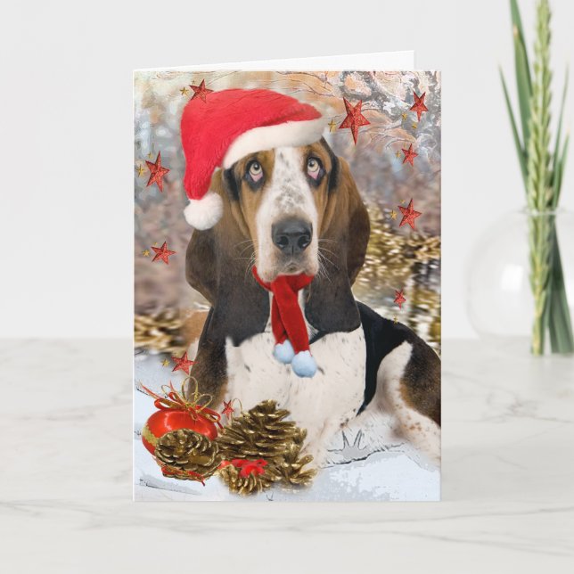 Basset Hound Christmas Portrait Holiday Card (Front)
