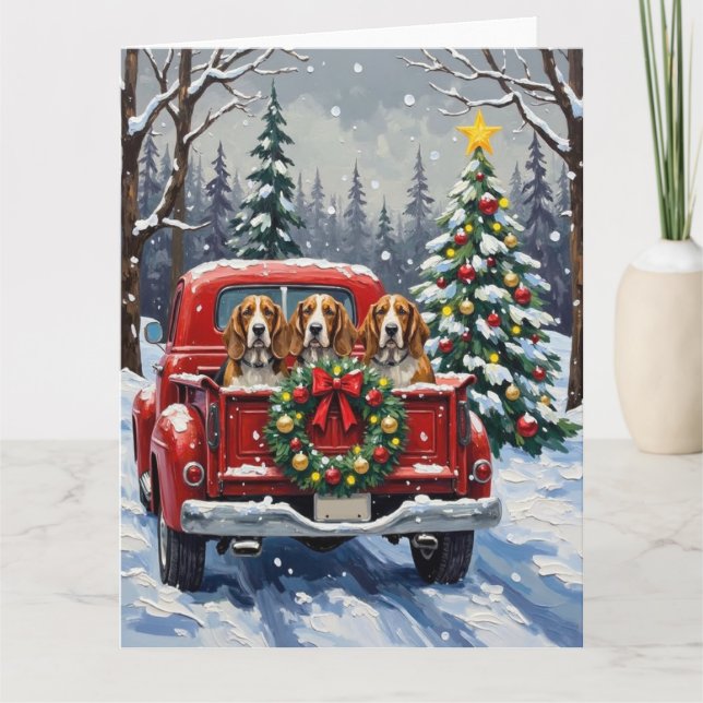 Basset Hound Christmas Red Truck Holiday Card (Front)