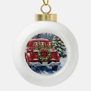 Basset Hound Christmas Red Truck Holiday Ceramic Ball Christmas Ornament