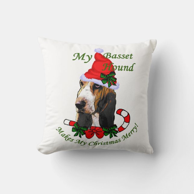 Basset Hound Christmas Throw Pillow (Front)