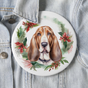Basset Hound Christmas Wreath Festive Pup 6 Inch Round Button