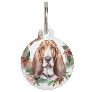 Basset Hound Christmas Wreath Festive Pup  Pet Tag