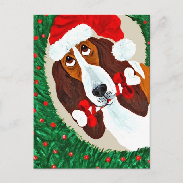 Basset Hound Christmas Wreath Holiday Postcard (Front)