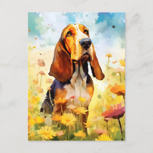 Basset Hound colourful watercolor artwork Postcard