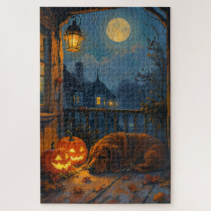 Basset Hound Cozy Porch Halloween Art Jigsaw Puzzle
