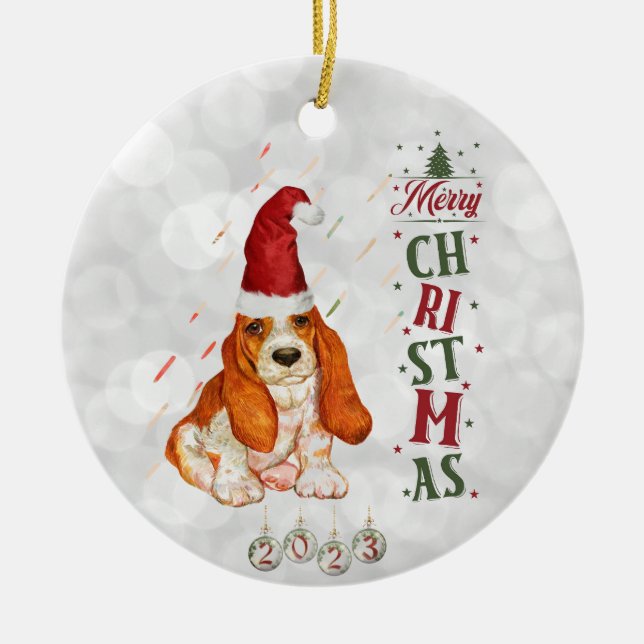 Basset Hound Cute Dog Christmas 2023 Ceramic Ornament (Front)