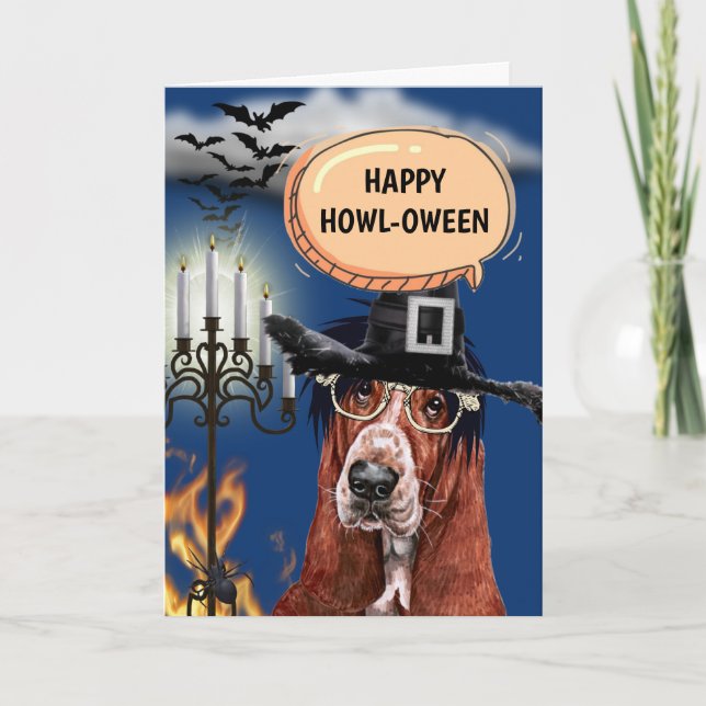 Basset Hound cute dog witch happy howloween Card (Front)