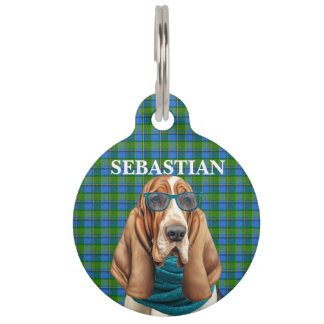 Basset Hound Dog and Blue Plaid Personalized Pet Tag