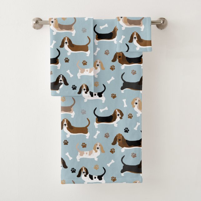 Basset Hound Dog Bones and Paws Bath Towel Set (Insitu)