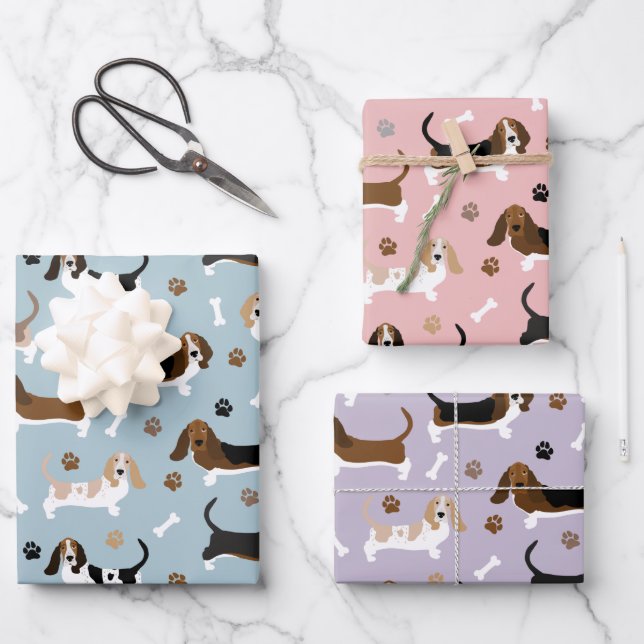 Basset Hound Dog Bones and Paws Wrapping Paper Sheet (Front)