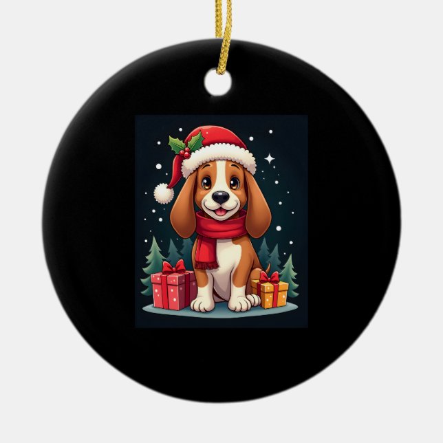 Basset Hound Dog Christmas Outfits Santa Hat Dog X Ceramic Ornament (Front)