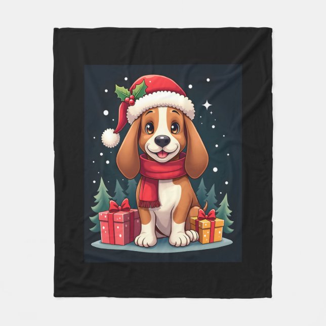 Basset Hound Dog Christmas Outfits Santa Hat Dog X Fleece Blanket (Front)